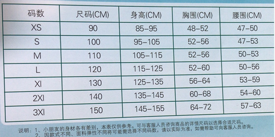 幼儿园服尺码对照表-通荣制衣厂专用尺码表